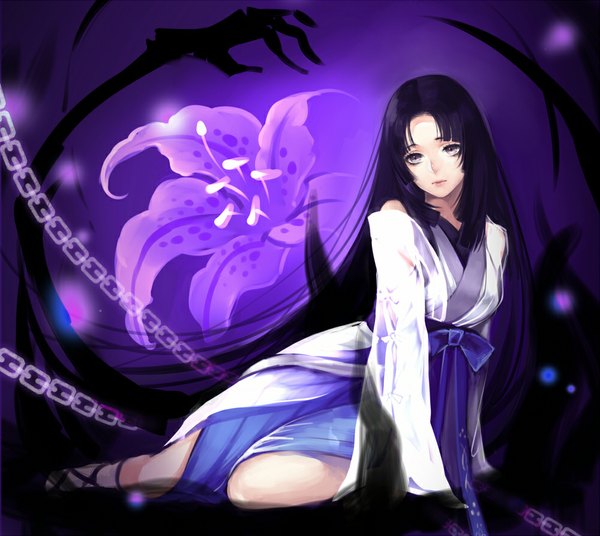 Anime picture 1000x894 with original kangetsu (fhalei) single long hair looking at viewer black hair purple eyes traditional clothes dark background purple background girl flower (flowers)