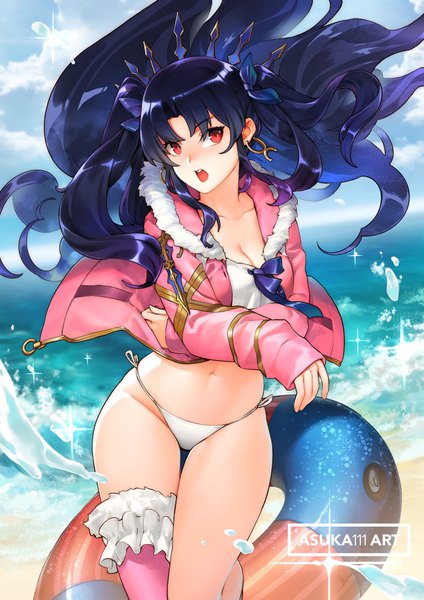 Anime picture 1200x1698 with fate (series) fate/grand order ishtar (fate) ishtar (swimsuit rider) (fate) asuka111 single long hair tall image blush fringe breasts light erotic red eyes standing signed blue hair looking away sky cloud (clouds) outdoors