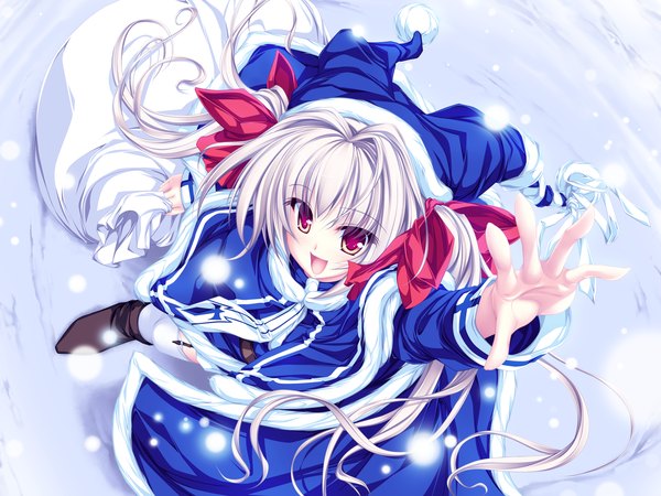 Anime picture 1920x1440 with meri chri itsuki kirara tenmaso single long hair looking at viewer highres open mouth red eyes twintails white hair from above snowing looking up winter snow girl thighhighs ribbon (ribbons) hair ribbon
