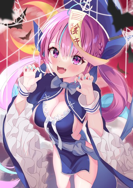 Anime picture 2894x4093 with virtual youtuber hololive minato aqua asphalt494 single long hair tall image blush highres breasts open mouth light erotic large breasts purple eyes twintails looking away cleavage purple hair :d multicolored hair