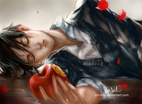 Anime picture 1024x751 with original snow white jon-lock (artist) single short hair black hair simple background brown hair lying eyes closed sleeping twisty sleeves boy shirt petals vest fruit apple bitten apple