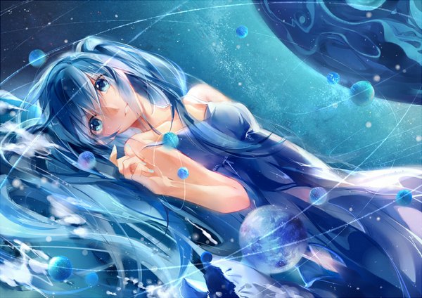 Anime picture 1000x707 with vocaloid hatsune miku tg single looking at viewer blue eyes twintails bare shoulders blue hair lying very long hair nail polish girl dress planet