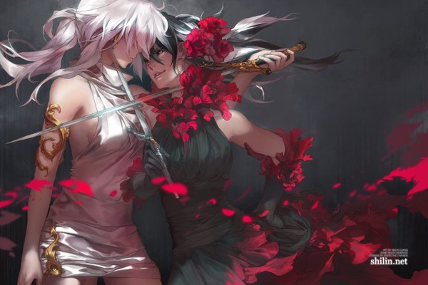 Anime picture 2560x1707 with carciphona veloce visrin blackbird shilin long hair highres black hair bare shoulders multiple girls signed silver hair multicolored hair two-tone hair grey eyes hair over eyes girl dress gloves flower (flowers) weapon