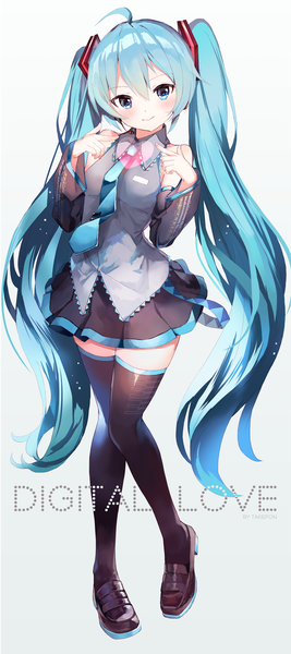 Anime picture 1000x2246 with vocaloid hatsune miku takepon1123 single tall image looking at viewer blush simple background smile standing twintails signed full body ahoge very long hair aqua eyes aqua hair gradient background knees touching girl