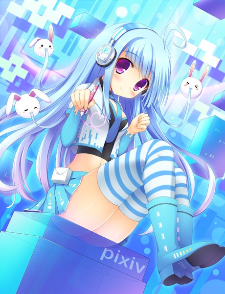 Anime picture 1200x1564 with original pixiv-tan taiki ken single long hair tall image looking at viewer blush light erotic smile sitting purple eyes blue hair ahoge girl thighhighs boots headphones striped thighhighs pen