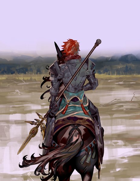 Anime picture 695x900 with fire emblem fire emblem: three houses nintendo sylvain jose gautier tokihito single tall image short hair sky outdoors red hair riding boy weapon animal armor spaulder (spaulders) gauntlets horse lance
