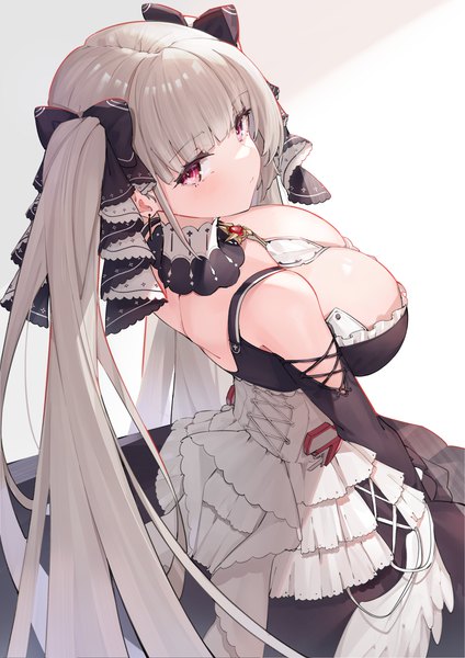 Anime picture 2480x3507 with azur lane formidable (azur lane) yukikiri single long hair tall image looking at viewer blush fringe highres breasts light erotic simple background red eyes large breasts white background twintails payot silver hair blunt bangs