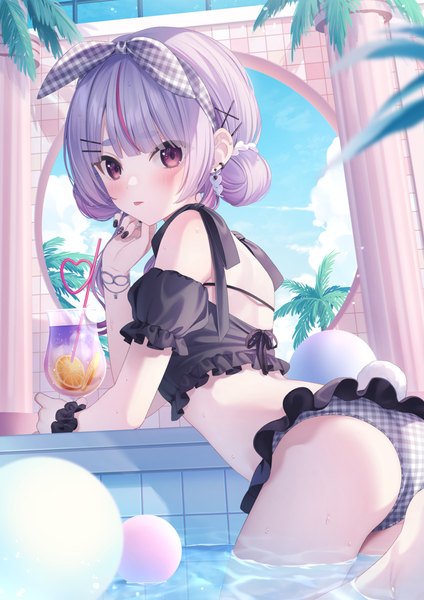 Anime picture 1736x2456 with virtual youtuber vspo! cattleya regina games tosaki mimi jimmy madomagi single long hair tall image looking at viewer blush fringe highres light erotic red eyes sky cloud (clouds) ass blunt bangs multicolored hair grey hair