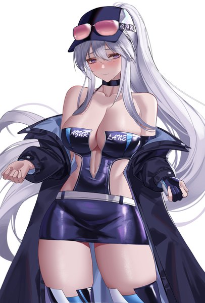 Anime picture 2556x3775 with azur lane enterprise (azur lane) enterprise (wind catcher) (azur lane) eternity (shadeh) single long hair tall image looking at viewer blush fringe highres breasts light erotic simple background hair between eyes large breasts standing white background purple eyes payot