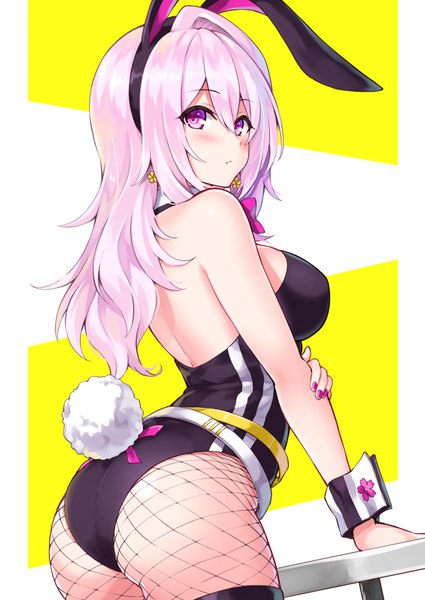Anime picture 708x1000 with cu-no yayoi sakura hisenkaede single long hair tall image looking at viewer blush fringe breasts light erotic simple background hair between eyes large breasts white background purple eyes animal ears payot pink hair ass