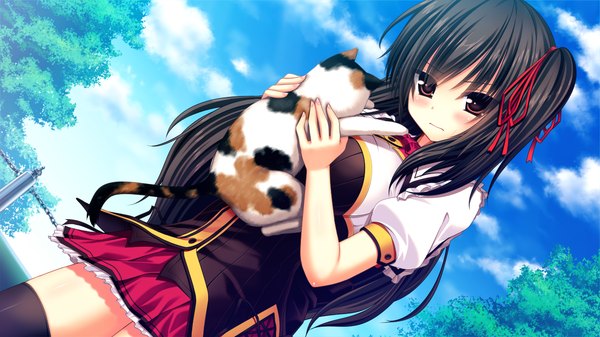 Anime picture 1280x720 with namaiki delation shinkai nagisa single long hair blush black hair red eyes wide image game cg sky cloud (clouds) girl thighhighs uniform black thighhighs school uniform animal cat