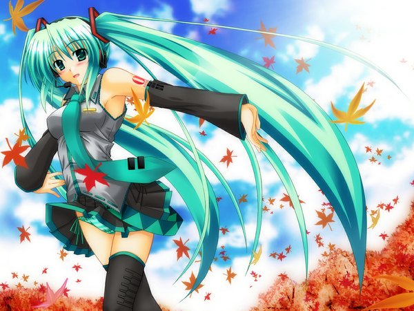 Anime picture 1024x768 with vocaloid hatsune miku aoi hiro long hair blush light erotic twintails green eyes sky cloud (clouds) very long hair green hair striped girl thighhighs skirt underwear panties detached sleeves necktie
