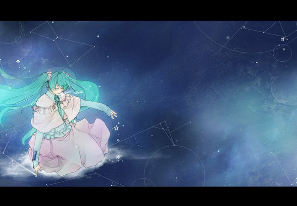 Anime picture 800x557 with vocaloid only lonely winter (vocaloid) hatsune miku akemori kiko single sitting twintails eyes closed very long hair wind aqua hair outstretched arm letterboxed exhalation constellation girl star (symbol) star (stars)