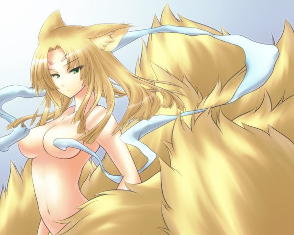 Anime picture 2000x1600 with rance (series) sengoku rance omachi long hair highres breasts light erotic green eyes animal ears orange hair fox ears fox tail fox girl covering multiple tails covering breasts girl navel