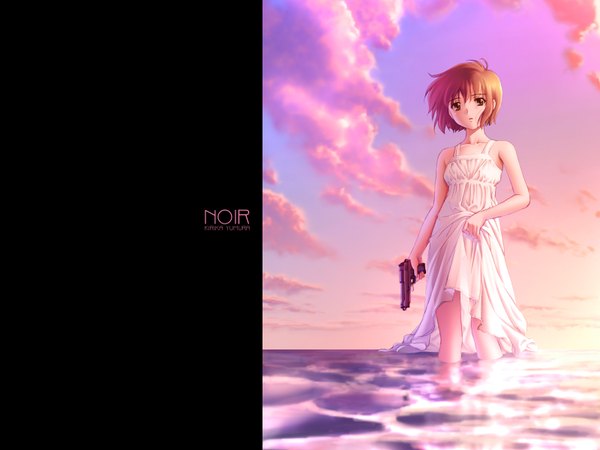Anime picture 1600x1200 with noir yumura kirika tadano akira single looking at viewer fringe short hair brown hair standing bare shoulders holding brown eyes sky outdoors sunlight bare legs copyright name character names partially submerged evening