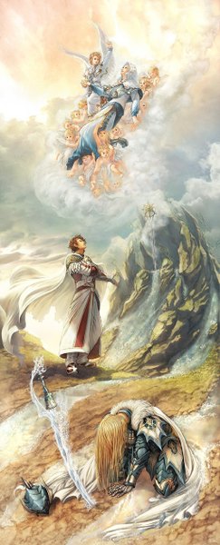 Anime picture 1024x2524 with sinad aruatjanapat long hair tall image short hair standing cloud (clouds) looking up group crossed arms rock angel boy wings cloak child (children)