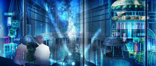 Anime picture 1525x644 with original nanc short hair wide image blue hair purple hair from behind night light smoke cityscape science fiction girl boy shirt building (buildings) planetarium