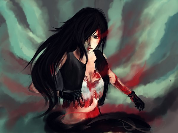 Anime picture 3648x2736 with dead fantasy final fantasy vii tifa lockhart robasarel single long hair looking at viewer fringe highres breasts black hair absurdres lips black eyes hair over one eye lipstick torn clothes girl gloves blood