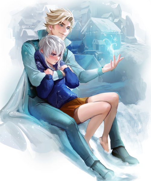 Anime picture 1600x1918 with frozen (disney) rise of the guardians disney dreamworks elsa (frozen) jack frost (rise of the guardians) sakimichan tall image blush fringe short hair blue eyes blonde hair smile sitting signed silver hair barefoot lips realistic
