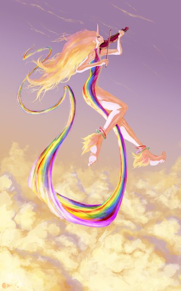 Anime picture 1000x1603 with adventure time lady rainicorn hisakata souji single long hair tall image blonde hair sky cloud (clouds) horn (horns) flying girl earrings bracelet rainbow violin unicorn