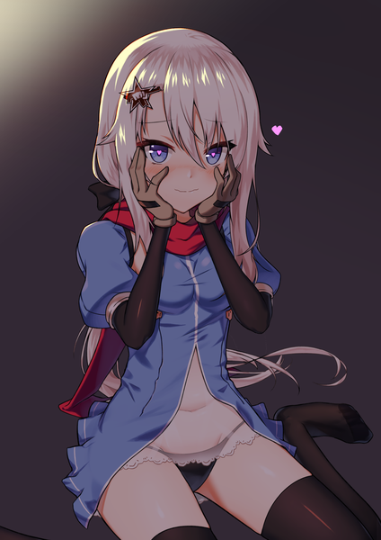 Anime picture 1414x2000 with girls frontline 9a-91 (girls frontline) pellas (panix2383) single long hair tall image looking at viewer blush fringe blue eyes light erotic simple background hair between eyes sitting silver hair no shoes wariza symbol-shaped pupils dark background heart-shaped pupils