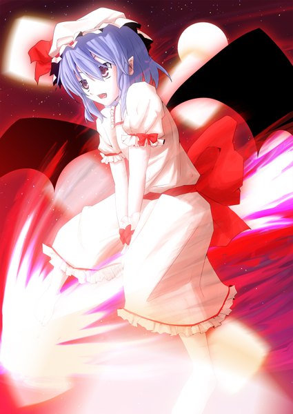 Anime picture 1200x1695 with touhou remilia scarlet agent (ikuoikuo) single tall image short hair open mouth red eyes blue hair girl dress bow wings bonnet