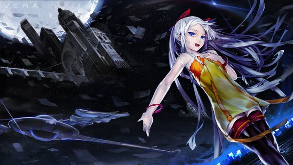 Anime picture 1920x1080 with original el-zheng single long hair highres open mouth blue eyes wide image bare shoulders white hair night city girl thighhighs bracelet moon full moon staff castle