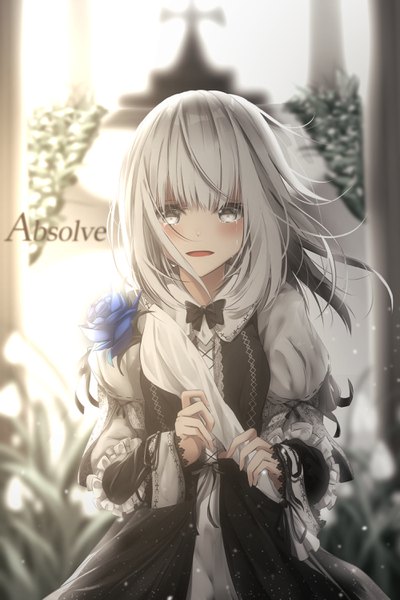 Anime picture 2000x2994 with original suisen-21 single long hair tall image looking at viewer blush fringe highres open mouth hair between eyes silver hair upper body long sleeves wind blurry puffy sleeves tears text crying