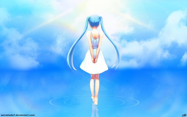 Anime picture 1280x800 with original aeroblade7 single long hair twintails blue hair sky cloud (clouds) barefoot sunlight back hands behind back girl dress water white dress sun