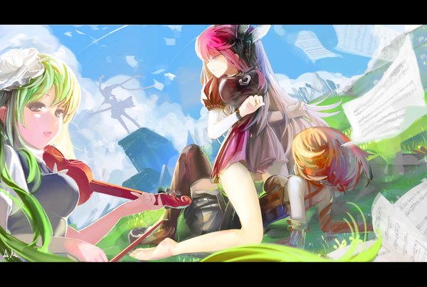 Anime picture 1800x1211 with black rock shooter vocaloid hatsune miku megurine luka kagamine rin black rock shooter (character) ameru.miro long hair fringe highres short hair breasts blonde hair holding pink hair sky cloud (clouds) lying barefoot green hair