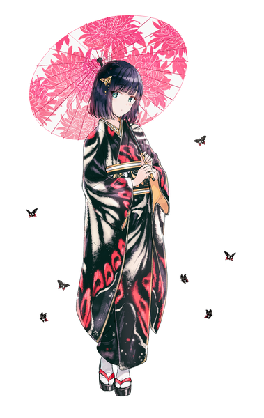 Anime picture 2372x3750 with original hiten (hitenkei) single tall image looking at viewer blush fringe highres short hair black hair simple background standing white background holding full body blunt bangs traditional clothes japanese clothes aqua eyes wide sleeves