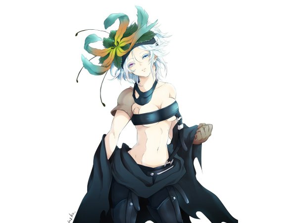 Anime picture 1280x960 with rokka no yuusha fremy speeddraw yamakichi single looking at viewer short hair breasts blue eyes light erotic simple background standing white background signed white hair pink eyes hair flower no bra bare belly heterochromia girl
