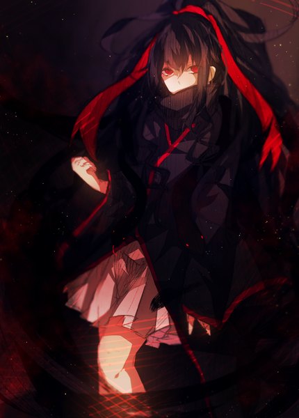 Anime picture 1076x1500 with kagerou project shaft (studio) azami (kagerou project) mikanururu single long hair tall image fringe black hair hair between eyes red eyes standing long sleeves wide sleeves shadow dark background serious angry girl dress