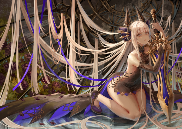 Anime picture 3880x2756 with original okuma mai single looking at viewer fringe highres light erotic blonde hair bare shoulders holding payot absurdres full body bent knee (knees) blunt bangs very long hair parted lips pointy ears kneeling silver eyes