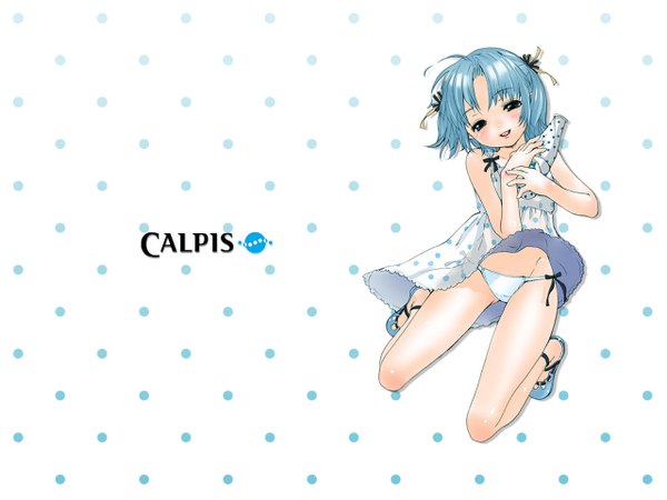 Anime picture 1280x960 with calpis calpis-tan single light erotic blue hair pantyshot polka dot polka dot background girl dress food sandals