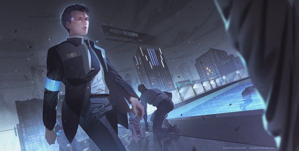 Anime picture 1431x723 with detroit: become human connor (detroit) j 315 (jean) short hair black hair wide image signed looking away cloud (clouds) outdoors wind realistic inscription night grey eyes night sky solo focus walking clothes writing broken glass
