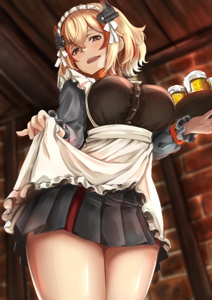 Anime picture 1736x2456 with azur lane roon (azur lane) chushou wang single tall image looking at viewer blush fringe highres short hair breasts open mouth light erotic blonde hair smile hair between eyes large breasts standing holding brown eyes