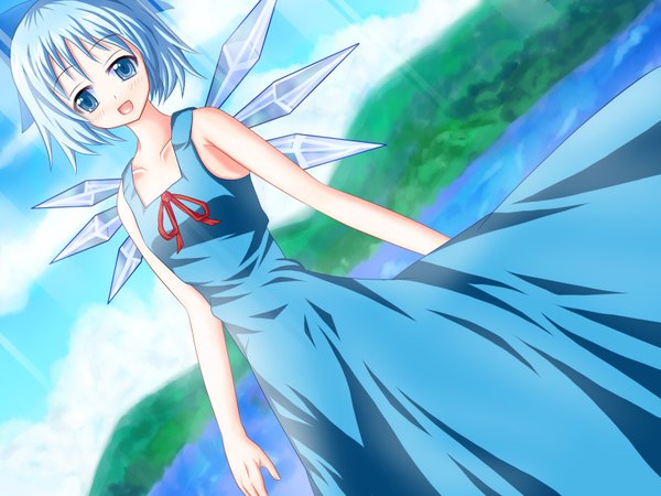 Anime-Bild 1600x1200 mit touhou cirno highres short hair blue eyes smile blue hair adult girl dress bow hair bow wings