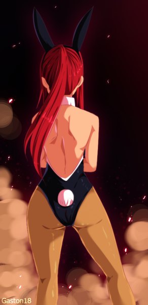 Anime picture 487x1000 with fairy tail erza scarlet tongasart single long hair tall image light erotic animal ears ponytail red hair tail animal tail bunny ears coloring back bunny girl smoke bare back bunny tail girl