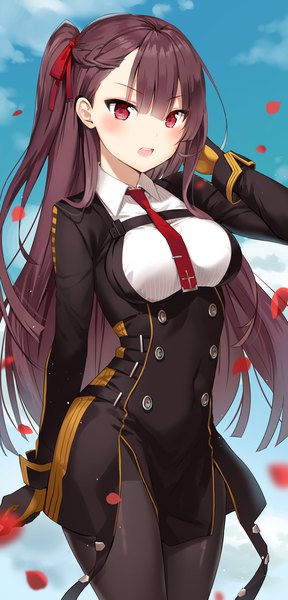 Anime picture 874x1819 with girls frontline wa2000 (girls frontline) marmoset (marmoset0) single long hair tall image looking at viewer blush fringe breasts open mouth hair between eyes red eyes brown hair sky cloud (clouds) outdoors braid (braids) arm up blurry