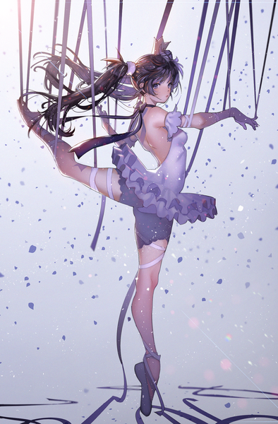 Anime picture 1315x2000 with original arutera single long hair tall image looking at viewer blush light erotic black hair twintails bare shoulders bare back dancing ballerina girl ribbon (ribbons) petals frills crown mini crown