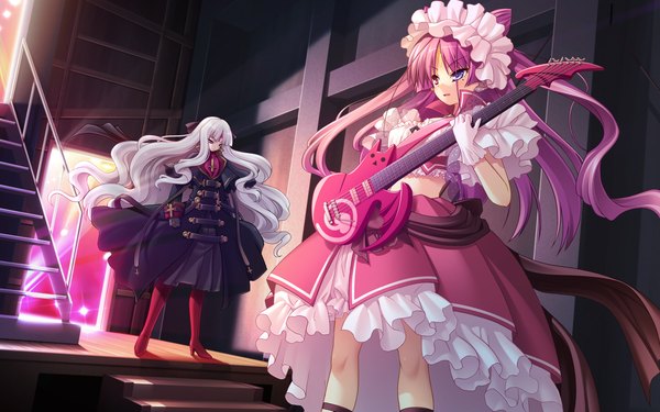 Anime picture 1920x1200 with chu x chu idol chuno churam akifumi ozawa long hair highres wide image multiple girls game cg purple hair white hair pink eyes midriff heterochromia girl dress gloves uniform hair ornament bow 2 girls