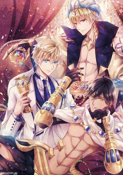 Anime picture 800x1130 with fate (series) fate/grand order fate/prototype gilgamesh (fate) arthur pendragon (fate) gilgamesh (caster) (fate) ozymandias (fate) yuzuki kiririi tall image looking at viewer fringe short hair blue eyes black hair blonde hair smile hair between eyes red eyes sitting holding