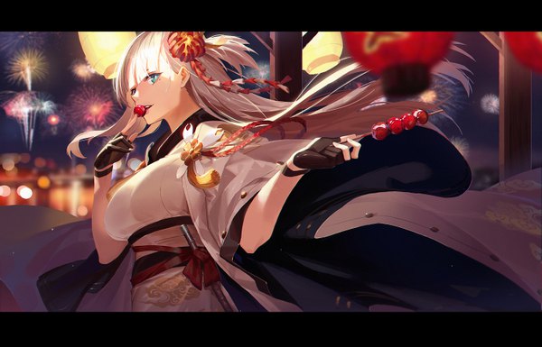 Anime picture 5988x3843 with azur lane shoukaku (azur lane) doitsu no kagaku single long hair looking at viewer fringe highres absurdres silver hair upper body blunt bangs traditional clothes profile aqua eyes wind depth of field letterboxed eating fireworks