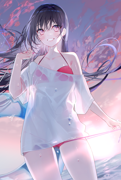 Anime picture 1031x1536 with original miwano rag single long hair tall image looking at viewer blush fringe light erotic black hair smile hair between eyes standing sky cloud (clouds) outdoors pink eyes wind off shoulder wet