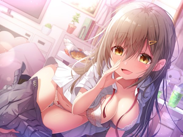Anime picture 2240x1680 with original matokechi single long hair looking at viewer blush fringe highres breasts open mouth light erotic smile hair between eyes brown hair large breasts yellow eyes bent knee (knees) indoors :d open shirt