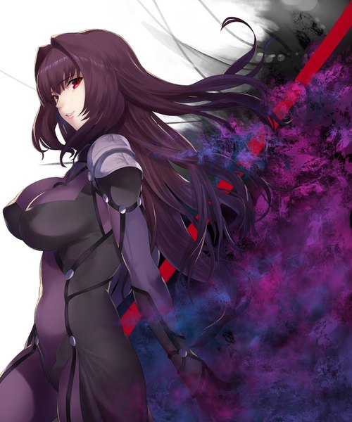 Anime picture 1111x1334 with fate (series) fate/grand order scathach (fate) (all) scathach (fate) fujitsubo (hujitubo0731) single long hair tall image looking at viewer fringe breasts light erotic smile hair between eyes red eyes large breasts standing payot purple hair parted lips
