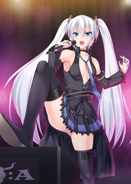 Anime picture 720x1009 with type-h vocaloid hagane miku miyai max single tall image blush open mouth blue eyes light erotic twintails bare shoulders white hair very long hair pantyshot girl thighhighs dress skirt underwear