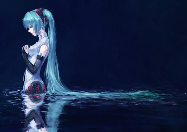 Anime picture 2480x1753 with vocaloid vocaloid append hatsune miku hatsune miku (append) single long hair highres simple background twintails profile aqua hair reflection girl gloves detached sleeves water elbow gloves