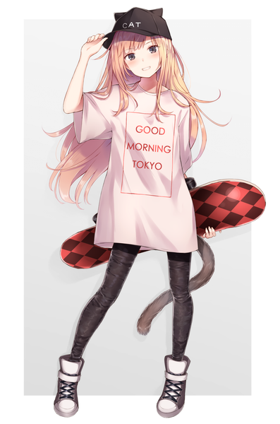 Anime picture 1000x1510 with original dabadhi single long hair tall image looking at viewer blush fringe simple background blonde hair smile standing holding full body tail parted lips animal tail inscription cat girl cat tail
